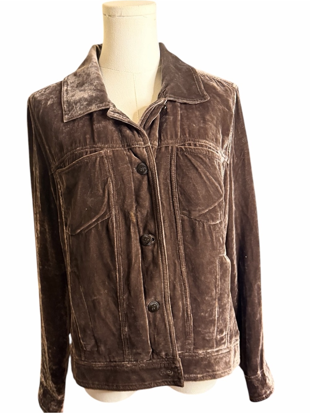 J. Jill Brown Crushed Velvet Silk Blend Trucker Jacket Shacket Size Small
